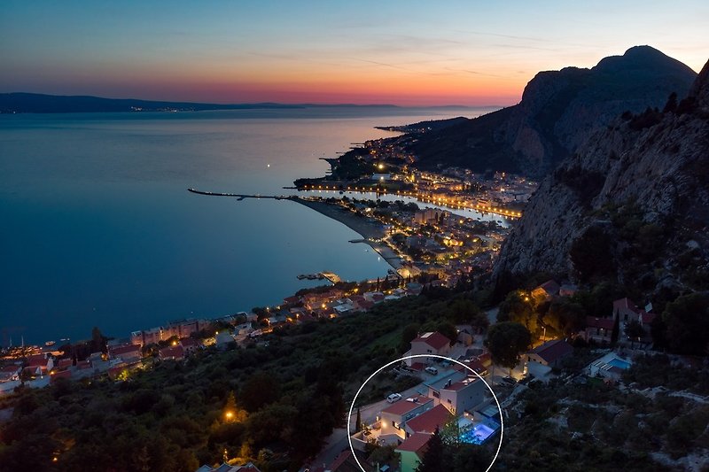 The sunsets from here are simply amazing and the views on the Omiš town lights, and on the island Brač in the evenings are also breathtaking