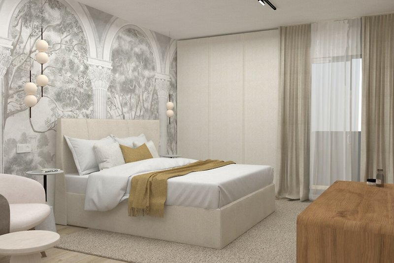 Eines der sieben Schlafzimmer mit Super-Kingsize-Bett 200 x 200, Klimaanlage, Fernseher und eigenem Bad mit Dusche
