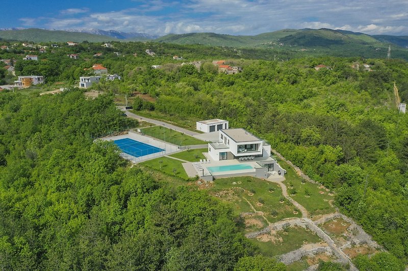 A stunning aerial view of a picturesque property surrounded by mountains and lush greenery.