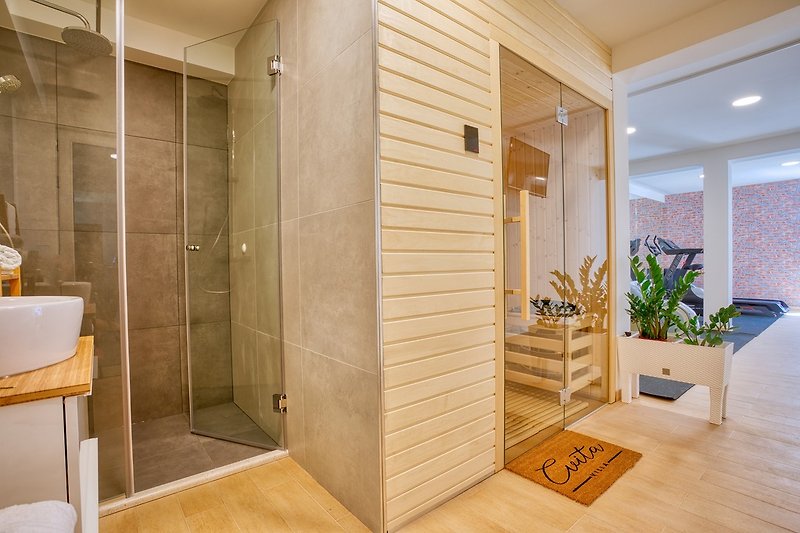 a spa room with Finnis Sauna, Gym with Bluetooth surround system and shower