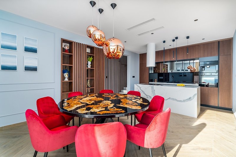 A stylish dining area for 8 people.