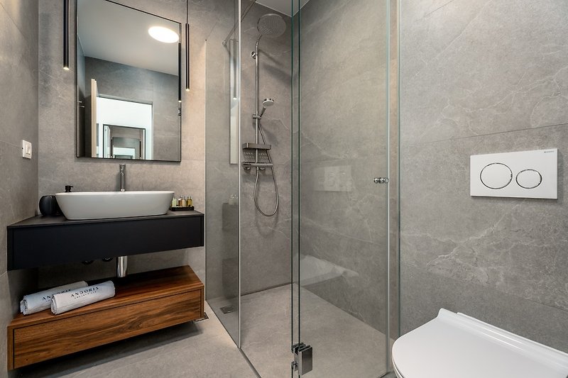 En-suite bathroom with a shower, and exit toward the pool area.
