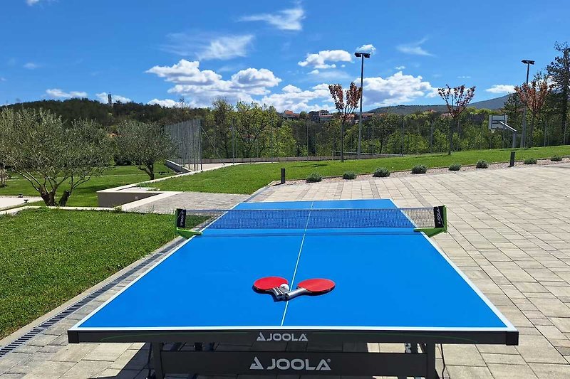 Ping-Pong und Tennisplatz mit Sportausrüstung.
