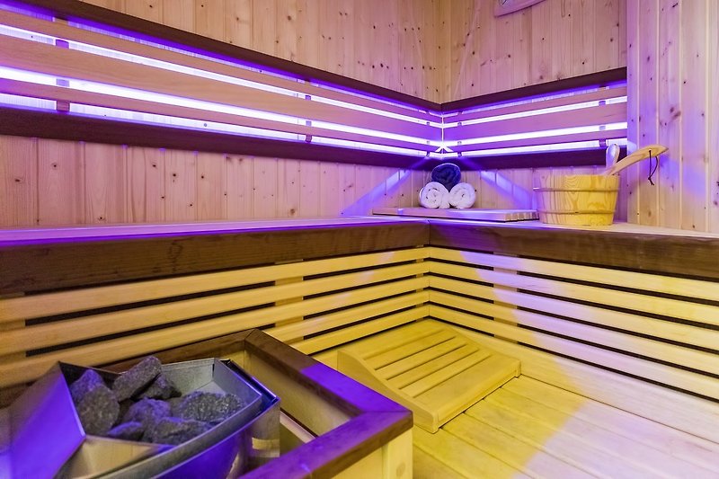 Das Untergeschoss bietet eine finnische Sauna für 2 Personen mit einer Dusche daneben