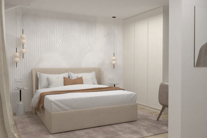 Eines der sieben Schlafzimmer mit Super-Kingsize-Bett 200 x 200, Klimaanlage, Fernseher und eigenem Bad mit Dusche
