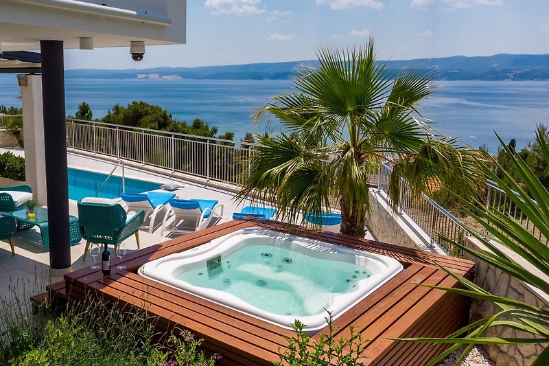 NEW! Seaview Villa Marija with heated private pool 30sqm, jacuzzi, 4 en-suite bedrooms, sauna and billiard, beach 300m
