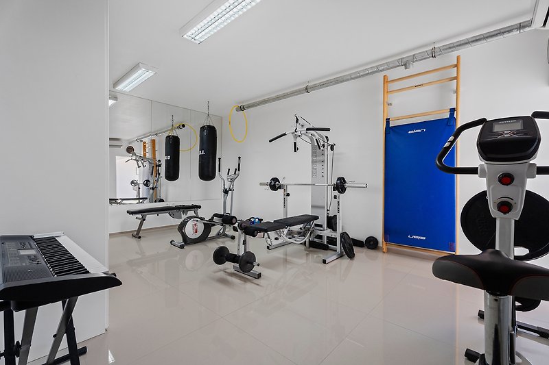 Klimatisiertes Fitnessstudio mit Heimtrainer, Orbitrack, Gewichten und Sauna