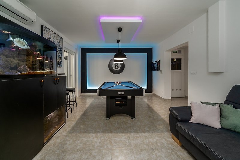 Airconditioned space with a billiard (Pool table), darts, a Sony mini hifi component system