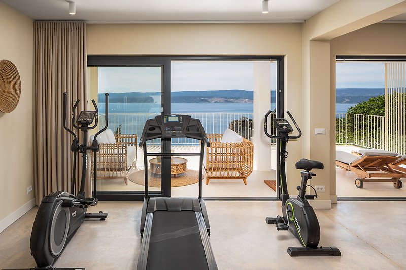 A gym that includes a cross-trainer, treadmill, Ergometer home trainer, and Pilates equipment