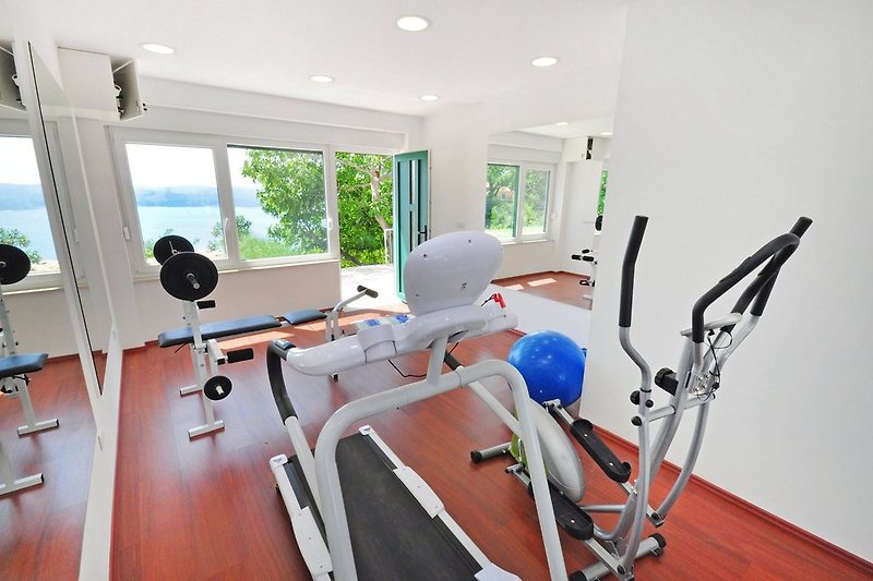 Gym with an exercise bike, stepper, bench, pilates ball