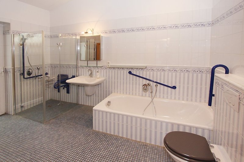 Łazienka z wanną, prysznicem, bidetem, toaletą i sauną na podczerwień.