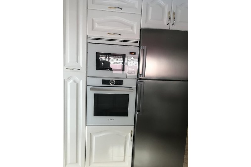 Kitchen with microwave, oven, large refrigerator/double freezer