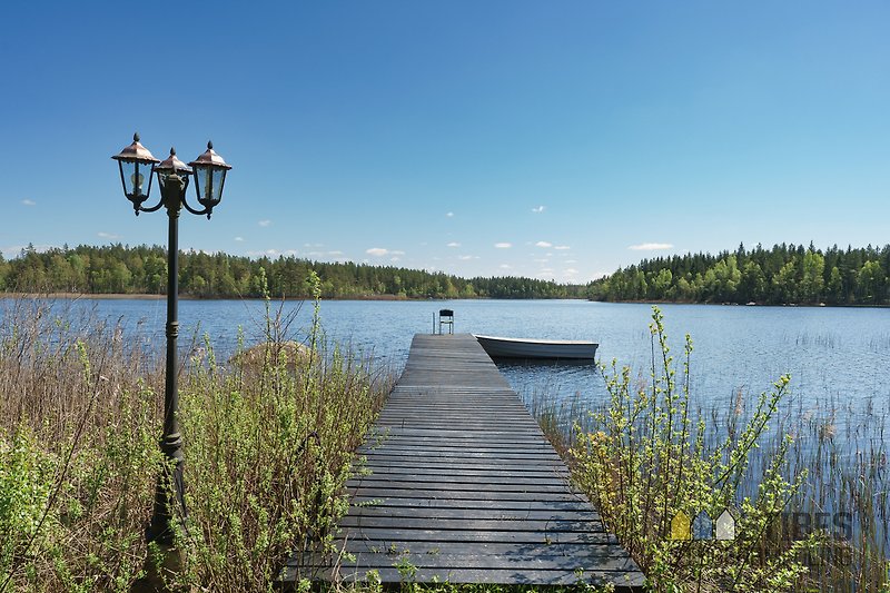 Haus am See mit Steg, umgeben von Wald und Wiesen.