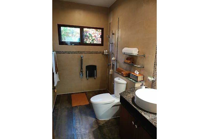 Badezimmer mit braunem Holz, Toilette, Waschbecken und Fernseher.