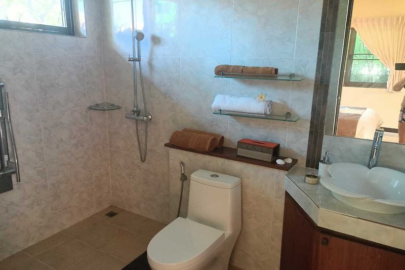 Badezimmer mit braunem Holz, Waschbecken und Dusche.