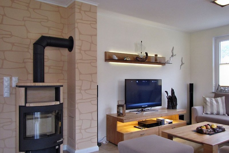 Living room with a wood-burning stove
