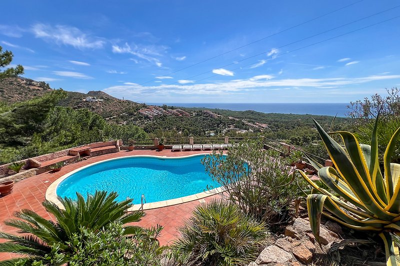 Luxuriöser Pool mit Blick auf tropische Vegetation und Hügel.