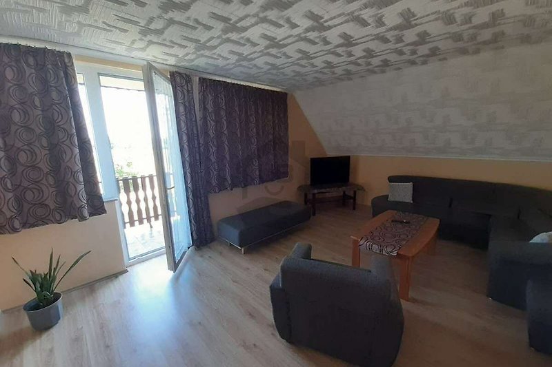 Gemütliches Wohnzimmer mit bequemer Couch, Vorhängen und Pflanzen.