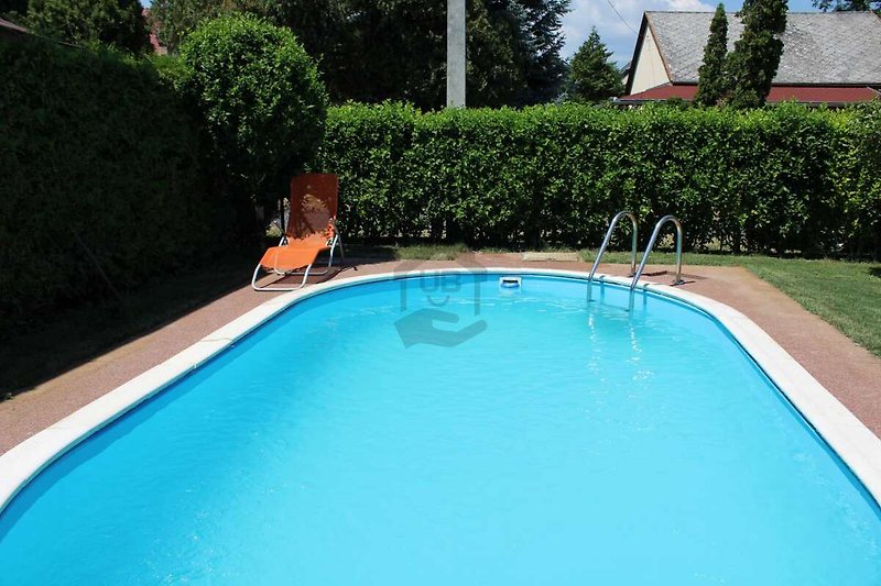 Ein rechteckiger Pool mit azurblauem Wasser und grüner Umgebung.