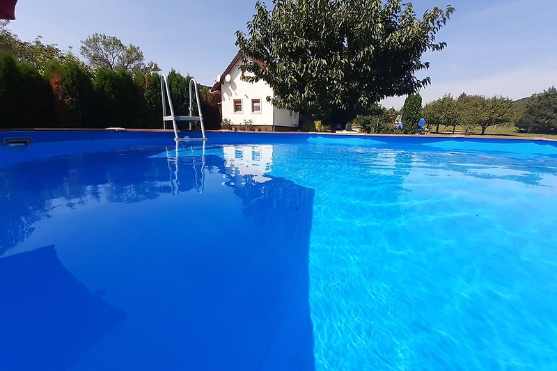 Schöne Villa mit Pool, Palmen und blauem Himmel. Perfekt für einen entspannten Urlaub am Wasser.