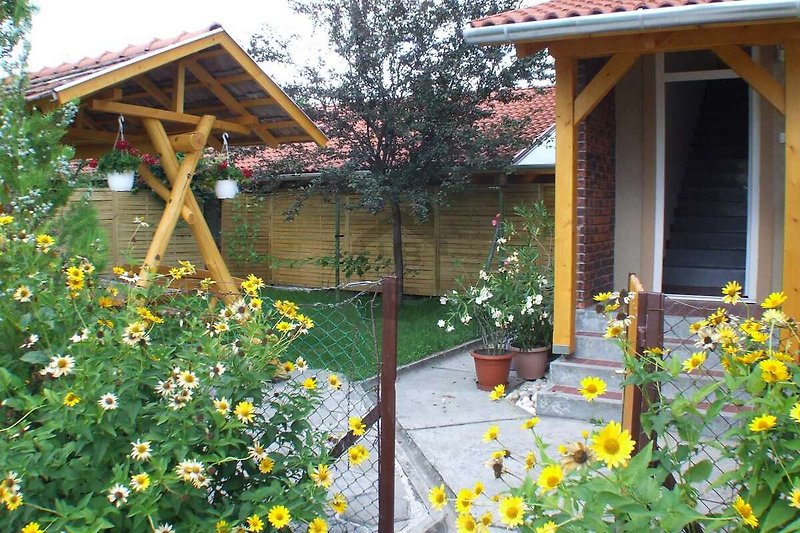 Schöner Garten mit blühenden Pflanzen und gelbem Haus.