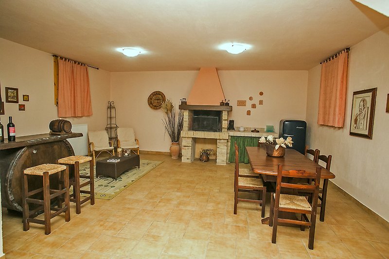 Casa Betty - Wide living room with fireplace and chair bed in the basement