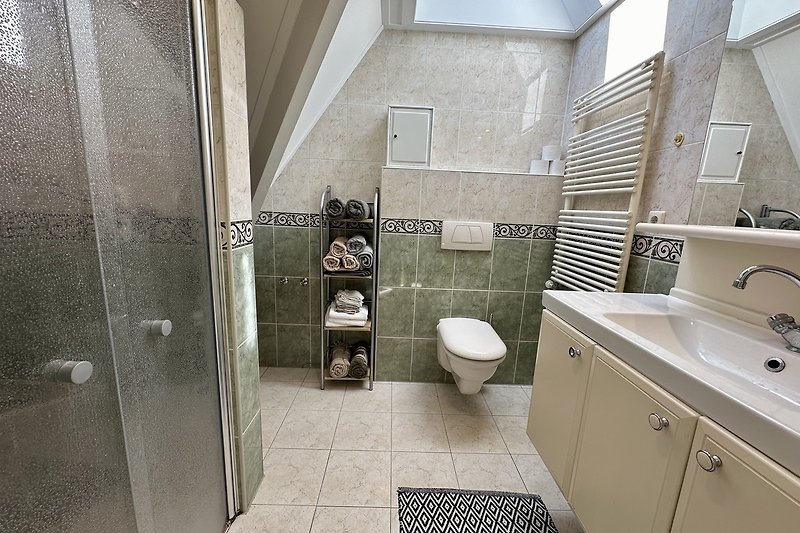 Einfaches Badezimmer mit Dusche, WC und Waschbecken