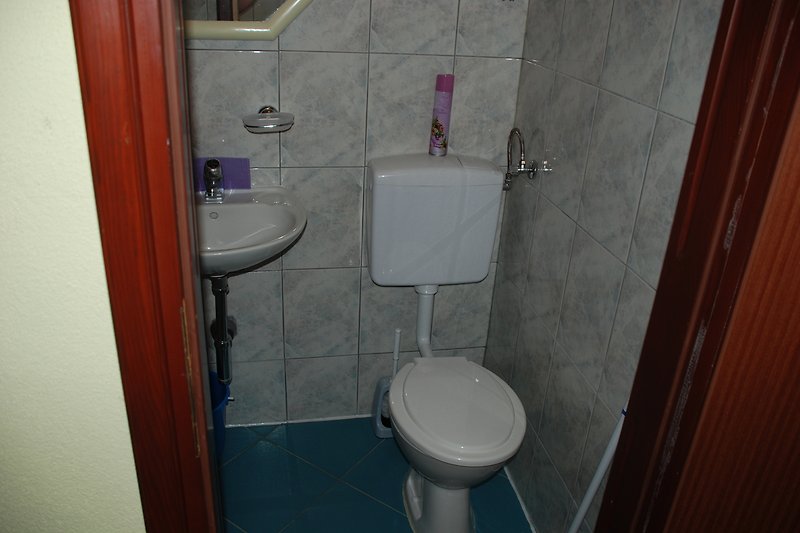 Schönes Badezimmer mit lila Toilette und Keramikwaschbecken.