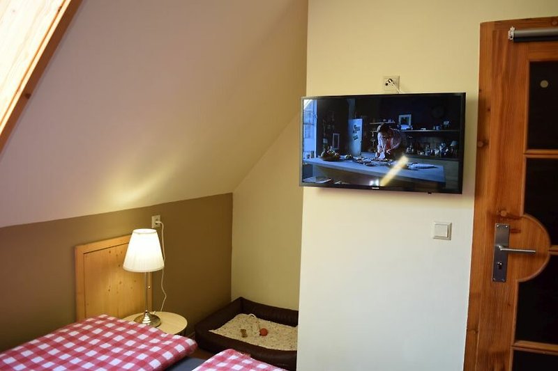Dachgeschoß: Gemütliches Zimmer mit sehr gutem Boxspringschlafsofa und TV