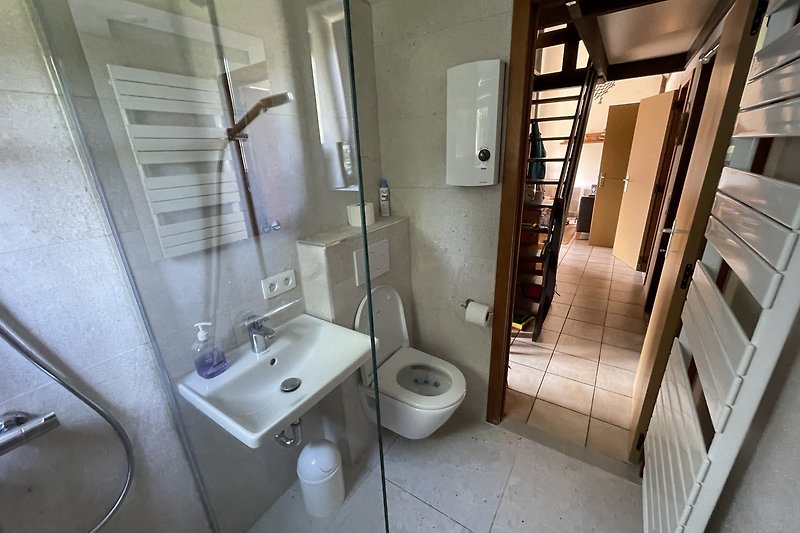 Ein modernes Badezimmer mit Spiegel, Waschbecken, WC und Dusche.