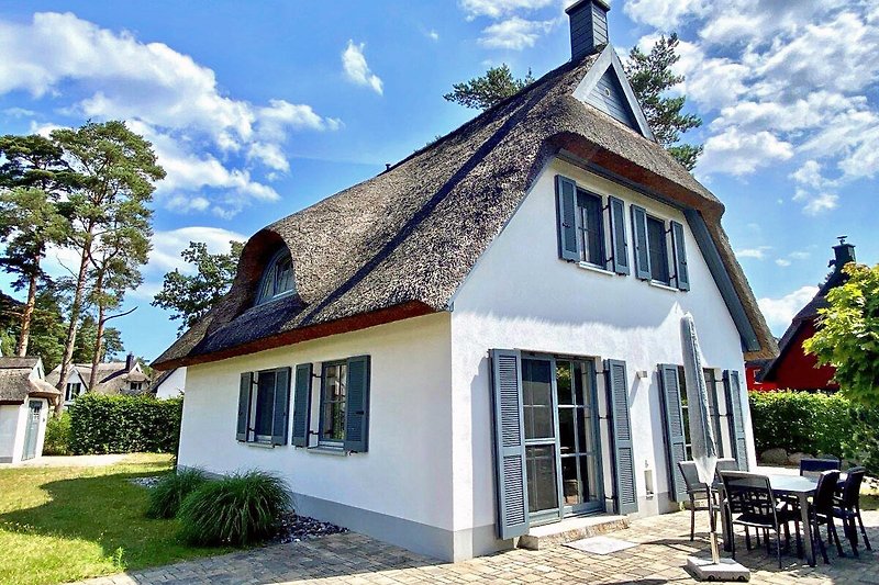 Schönes Haus mit traditionellem Reetdach und idyllischem Garten.