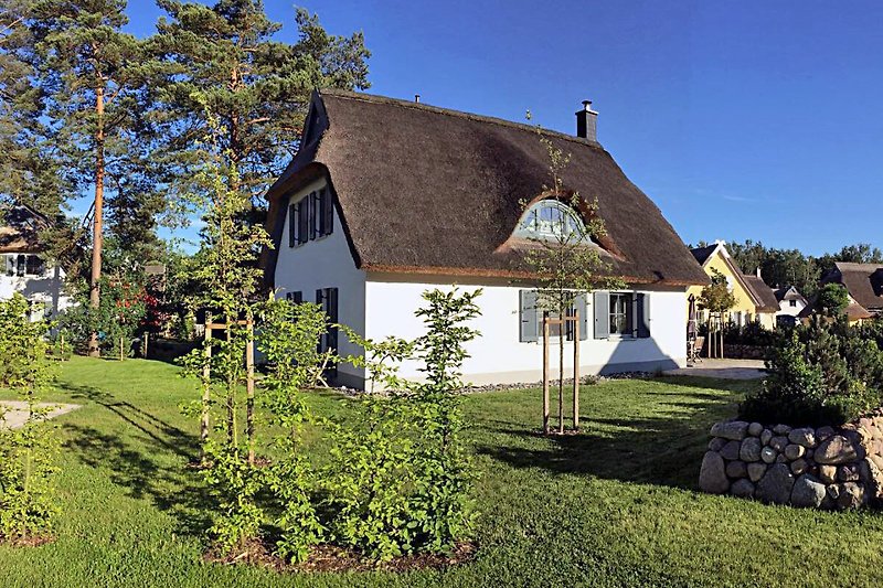 Schönes Haus mit traditionellem Reetdach und malerischem Garten.