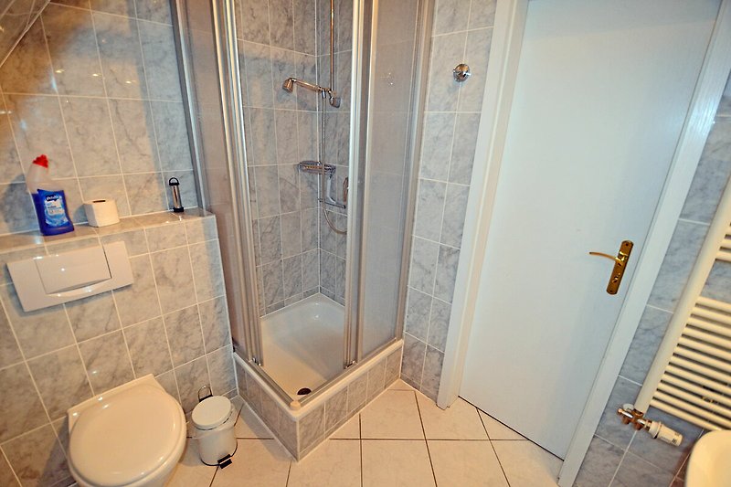 Ein modernes Badezimmer mit Dusche und Toilette.