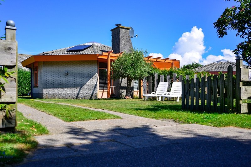 Grüner Garten mit Bäumen und gepflegtem Rasen, Haus im Hintergrund.