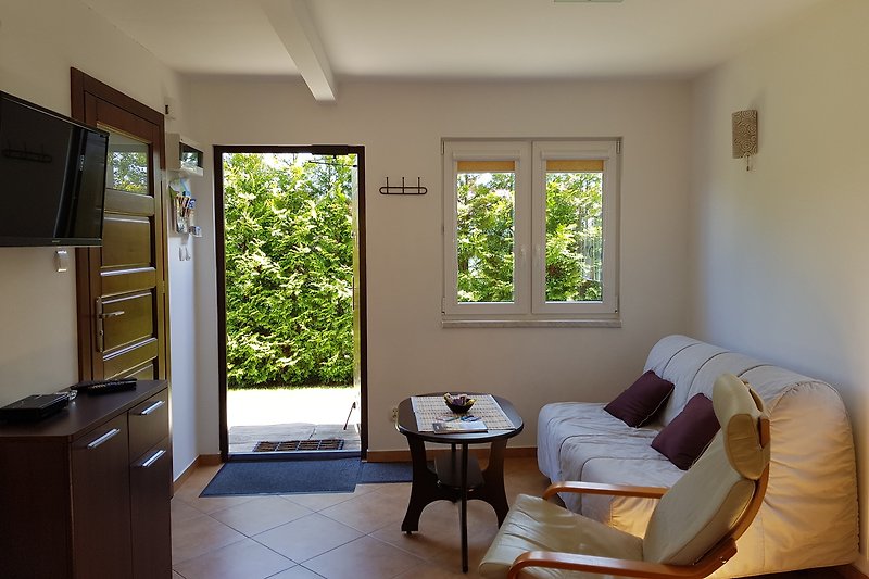 Gästehaus 1 Wohnbereich mit TV + Badezimmer Terrasse mit Sichtschutzbepflanzung und Terrasse