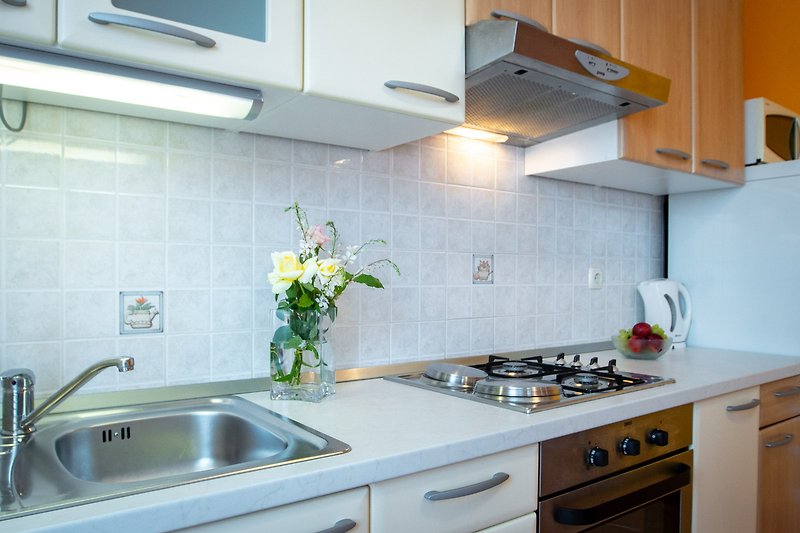 Moderne Küche im FeWo A4 mit blauer Schrankfront, Holzarbeitsplatte und Pflanzen.