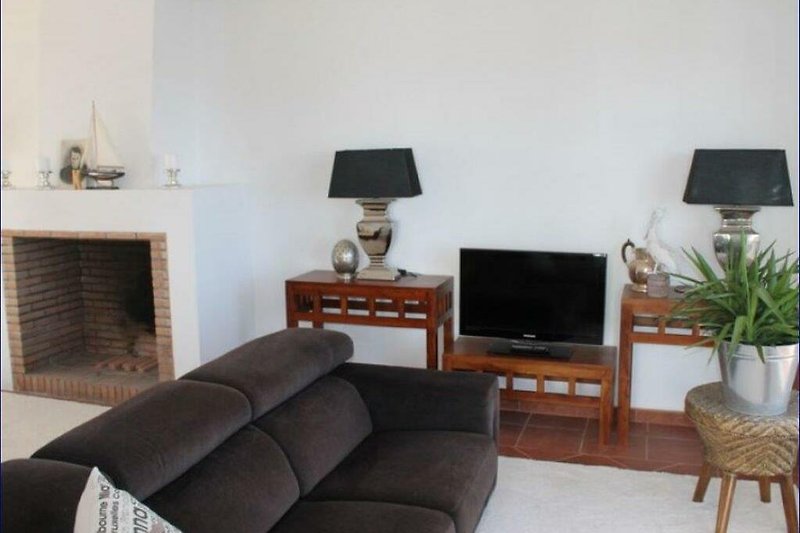 Stilvolles Wohnzimmer mit bequemen Möbeln und Fernseher. Gemütliche Atmosphäre.