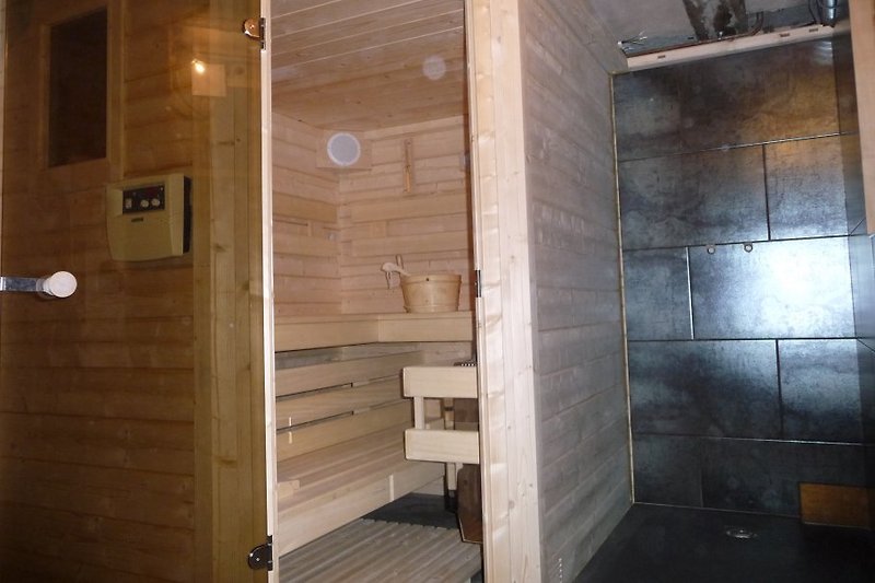 Le sauna privatif au sous-sol, douche