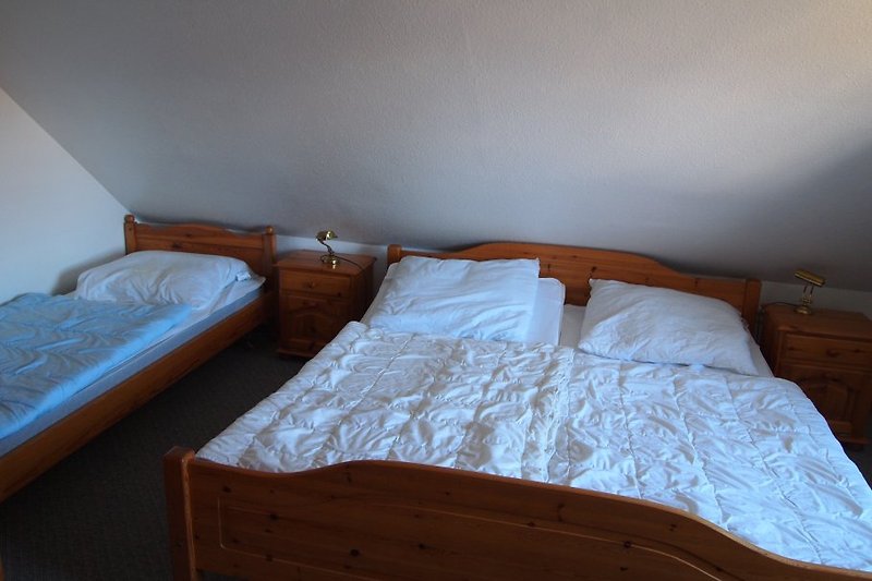 Double bed, single bed in the bedroom.
