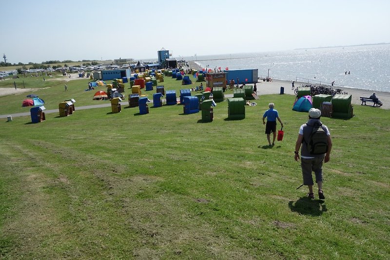 Liegewiese mit Strandkörben im Hintergrund Spielplatz
