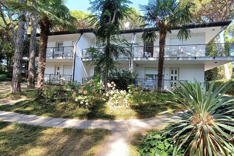 Charmantes Haus mit Garten, Palmen und schöner Landschaft.