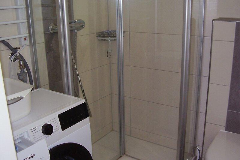 Moderne Badezimmerausstattung mit Dusche und Waschmaschine