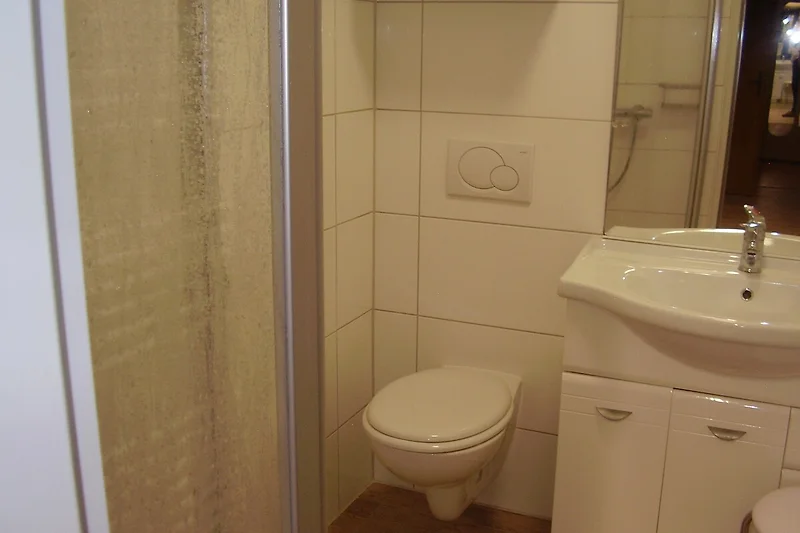 Modern badkamer met douche en hangend toilet.