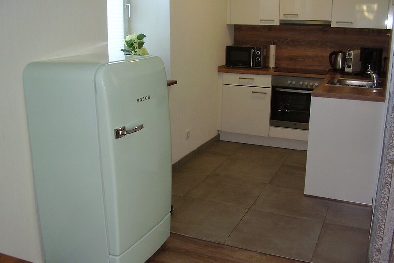 Moderne Einbauküche mit 4Plattenherd und Backofen und grossem Kühlschrank mit Gefrierfach.