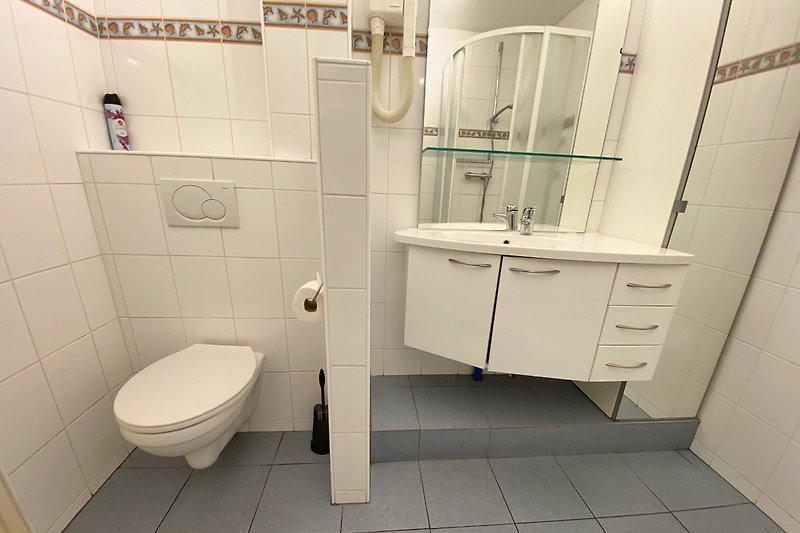 Badezimmer; mit Dusche, Toilette und Spule