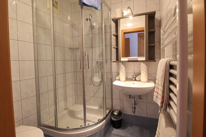 Modernes Badezimmer mit lila Akzenten, Dusche und Badewanne.