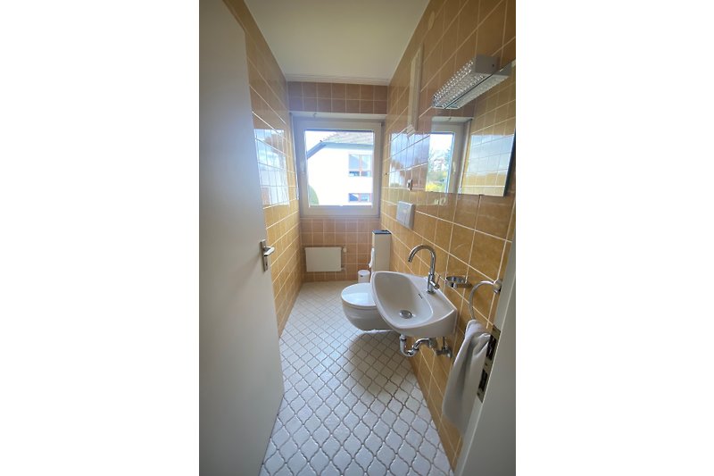Badezimmer mit Holzdecke und Glasfenster.