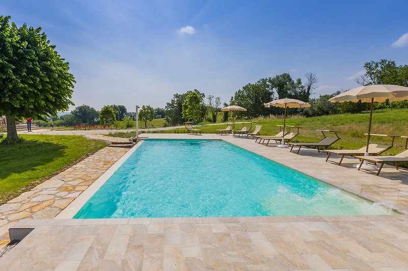 Una proprietà con piscina, prato verde e mobili da esterno. Goditi una vacanza al sole!
