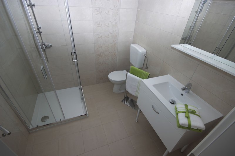 Moderan kupaonski prostor s elegantnim pločicama i staklenim elementima.