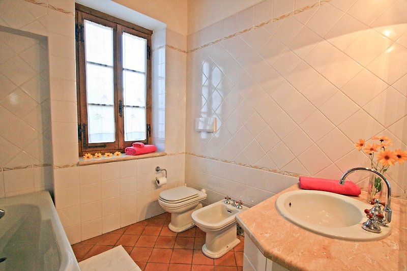 Un bagno elegante con lavabo, specchio e finestra.